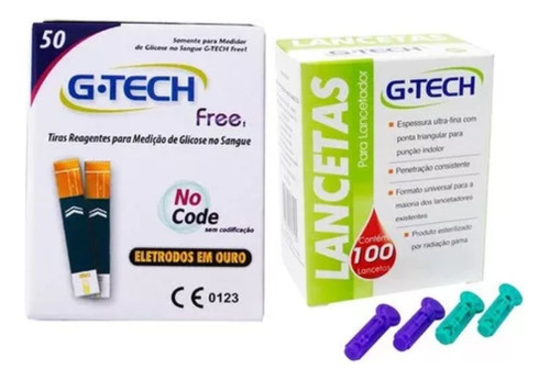 50 Fitas Tiras Reagentes G-tech Free Glicemia + 100 Lancetas