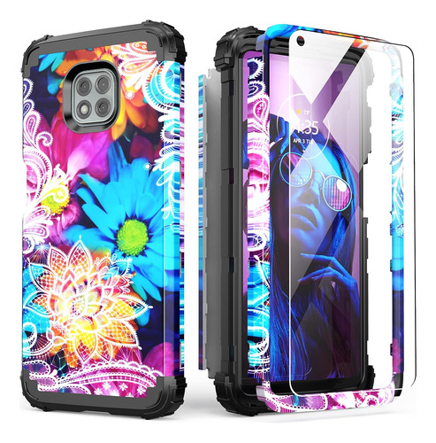 Funda Flores Heavy Duty + Protector Para Moto G Power