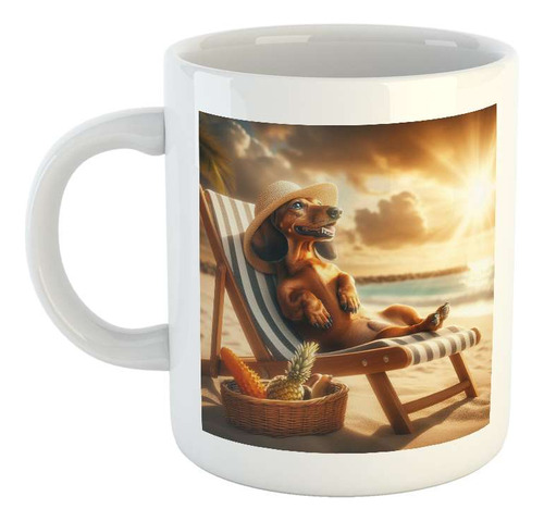 Taza Ceramica Salchicha Contento Descanando Playa