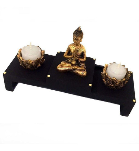 Imagem 6 de 9 de Kit Altar Castiçal Vela Buda Meditando Dourado Zen 17cm