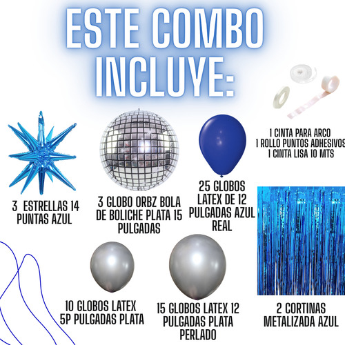 Combo Globos Deco Fiesta Tematica Kit Bola Boliche Azul Y Plata