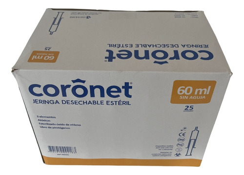Jeringa Estéril 60 Ml. Coronet Sin Aguja Pico Liso X 25 Un. Capacidad En Volumen 60 Cc