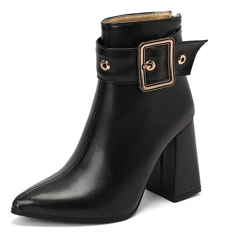 Botines De Mujer De Punta Puntiaguda Con Cremallera Hebilla