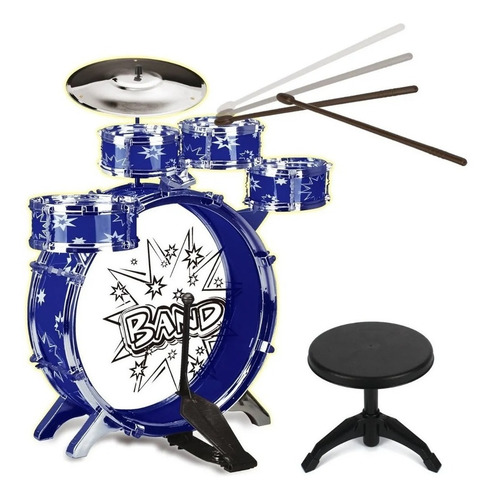 Bateria Musical Para Niños Banco Baquetas Platillo Bombo Color Azul