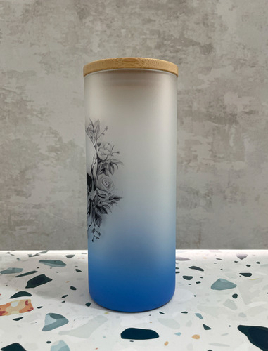 Vaso Vidrio Con Tapa De Bambú Craneo Y Flores 650 Ml Azul 2