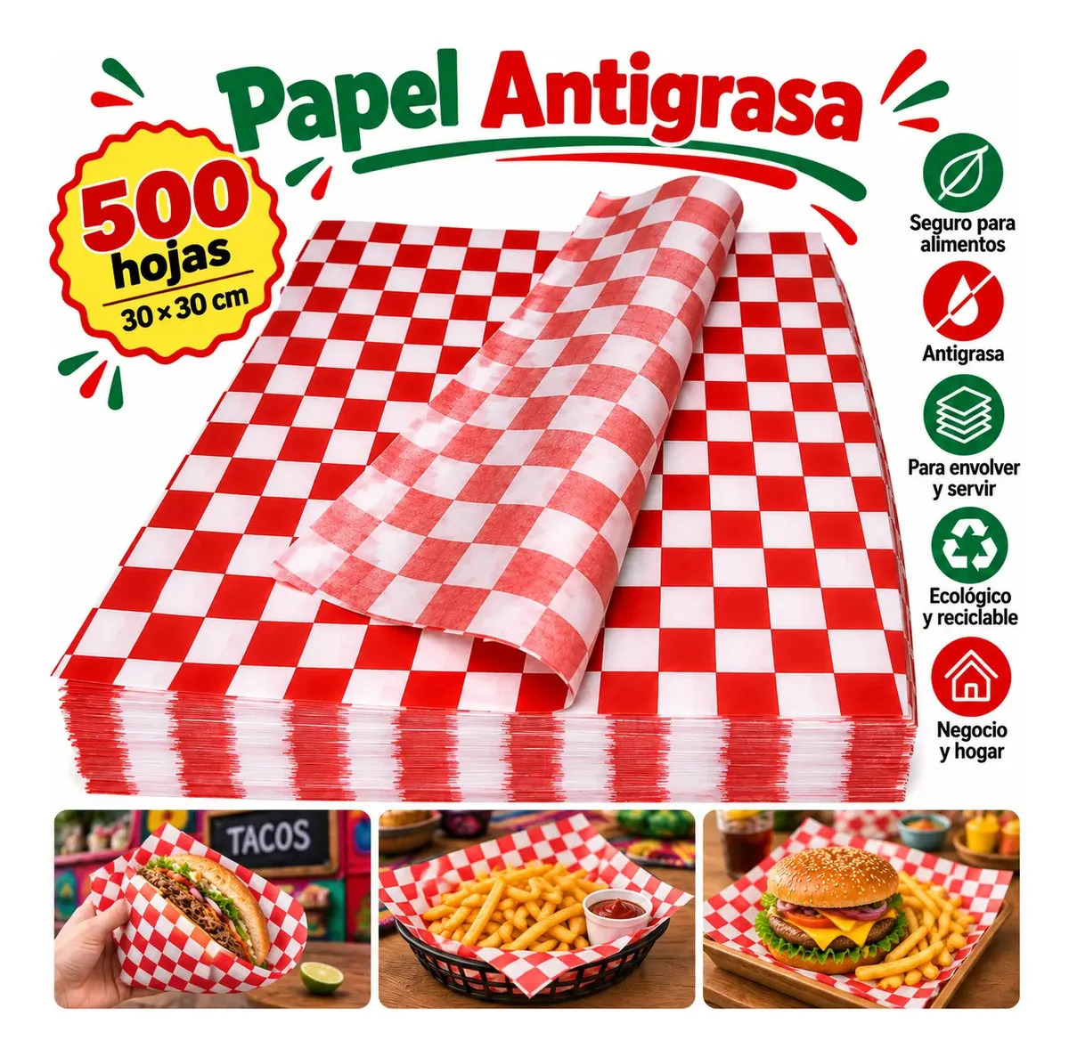 500 Hojas 30x30cm Papel Grado Alimenticio Encerado Cuadrospapel Grado Alimenticiopapel Para Alitas, Hamburguesas, Papas, Sandwiches Y Muchos Mas, Ideal Para Envolver Y Servir Alime