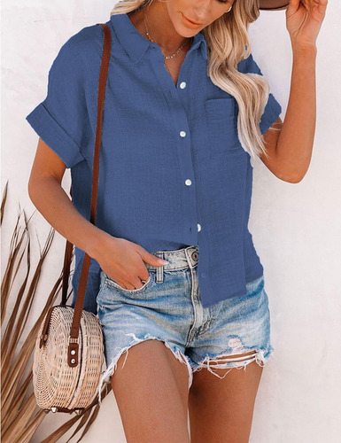 Womens Short Sleeve Cotton Button Down Up Shirt Collared V