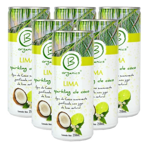 6 Pack Agua De Coco Con Gas 250ml Lima, Pomelo Y Arándanos