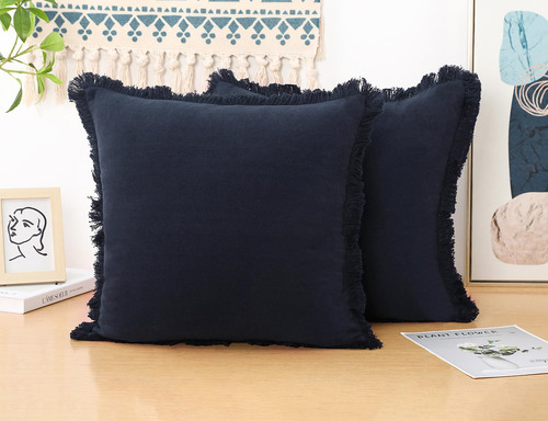 Set De 2 Fundas De Cojín Con Flecos De Lino Natural Nuyecy,