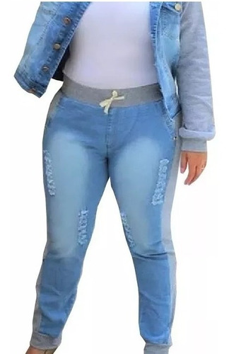 Calça Jeans Plus Size Moletom Ribana Rasgada Cintura Alta