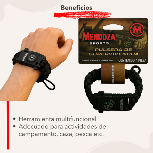 Pulsera Supervivencia 6 En 1 Con Navaja Brújula Y Pedernal Negro