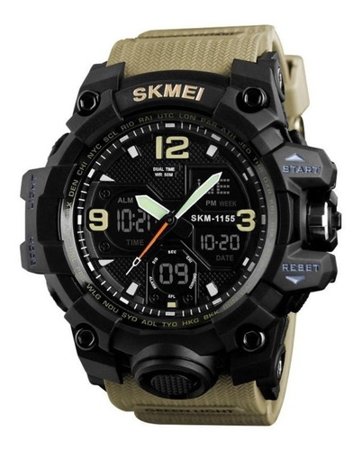 Reloj de pulsera Skmei 1155 de cuerpo color negro, analógico-digital, para hombre, fondo negro, con correa de poliuretano color beige, agujas color verde y naranja y blanco, dial amarillo y blanco, subesferas color negro, minutero/segundero blanco, bisel color negro y hebilla doble