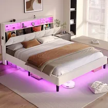 Comprar Base De Cama Queen Con Almacenamiento De Cabecero Y Luces Led, Marco De Cama De Plataforma Tamaño Queen Con Estación De Carga, Cama Tapizada De Terciopelo Con Cabecera De Estante, No Necesita