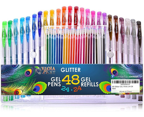 Set 48 Lapiceros En Gel Glitter 24 Boligrafos +24 Repuestos