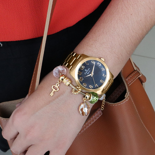 Relógio Champion Feminino Dourado Cn26028w Kit Colar Brincos