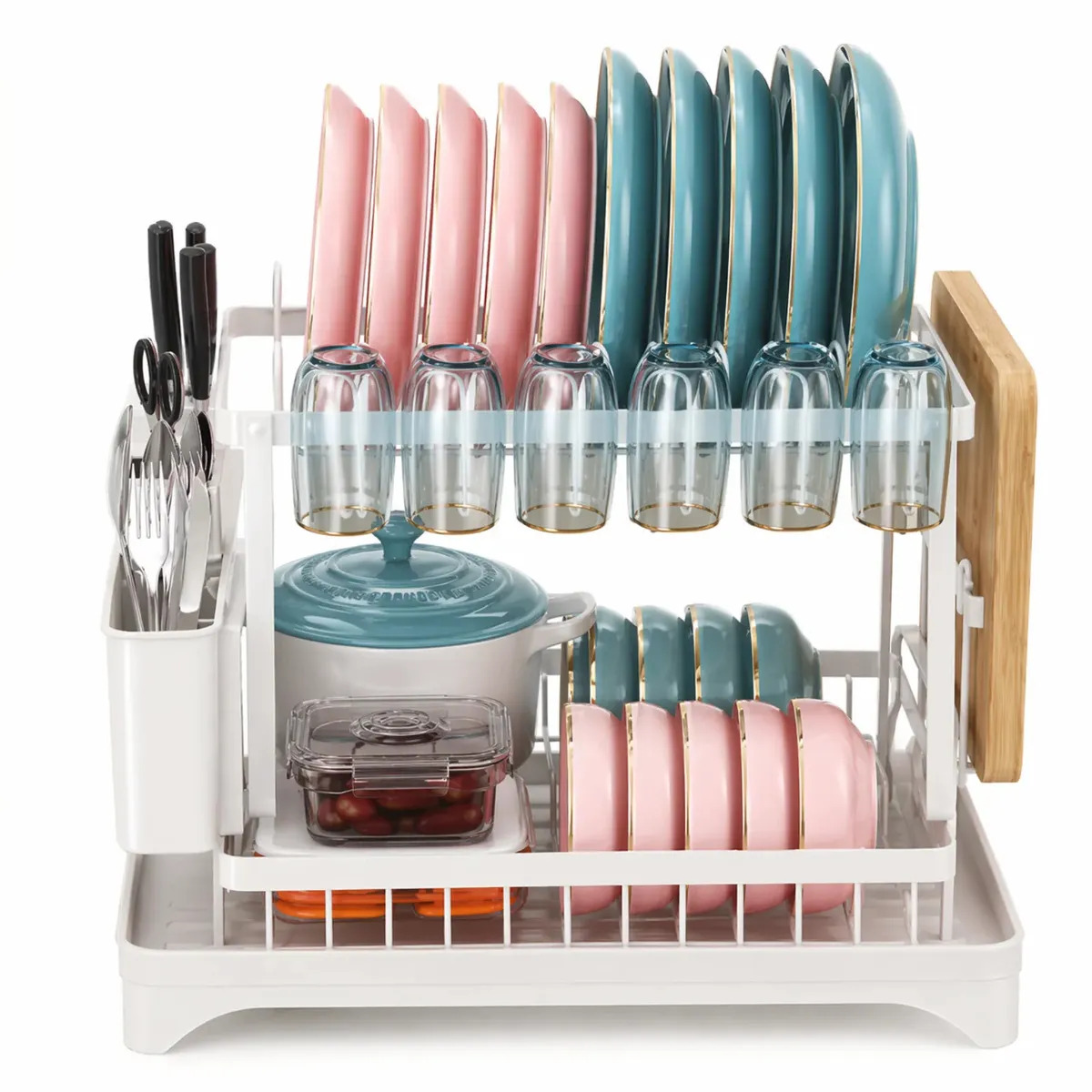 Secaplatos Home Up de 2 Niveles para Cocina, con Cubiertero y Secavasos, Blanco