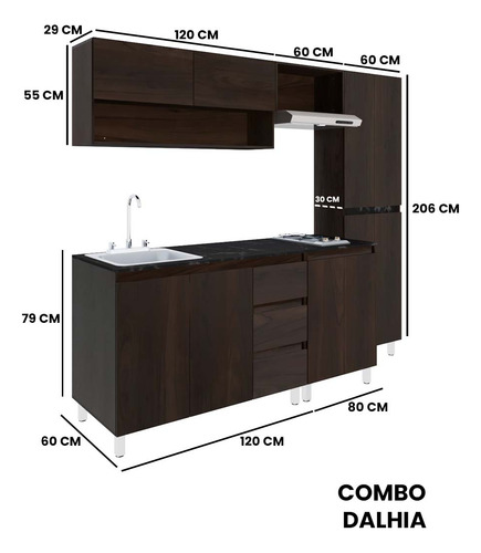 Cocina Integral Premium Decomobil Con Campana Y Parrilla Color Parota - Mármol Negro