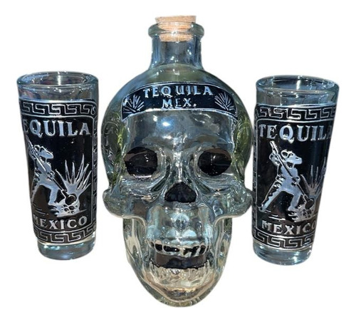 Calavera Licorera 400ml Con 2 Tequileros 60ml Con Madera Agua