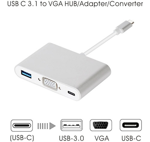 Imagen 2 de 8 de Adaptador 3 En 1 De Tipo C A Vga, Tipo C Hub Usb 3.0