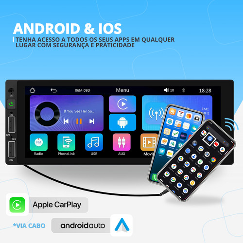 Central Multimidia 1 Din Carplay Usb Android Bluetooth Ios