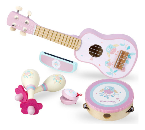 Woodenedu Guitarra Infantil Para Niñas, Instrumentos Music. Color Rosa