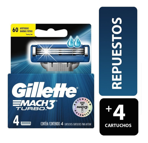 4 Repuestos Cartuchos Maquina Afeitar Gillette Mach3 Turbo