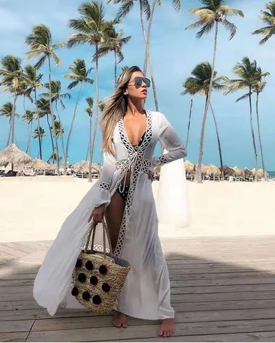 Camisa De Playa Crochet Blanco Mesh Beach Tunica Larga u