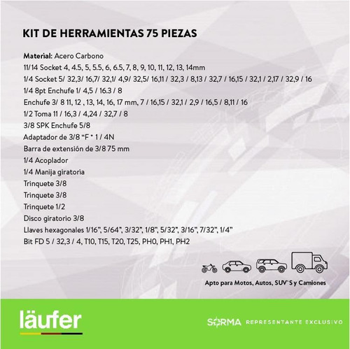 Imagen 4 de 10 de Juego De Llaves Tubo Laüfer X 75 Piezas Autos-camiones-motos
