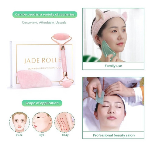 Rodillo Facial Jade Cuarzo Rosa Masajeador Estuche Deluxe