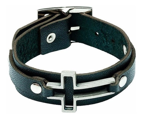 Pulseira Masculina Couro Cruz Bracelete Luxo Preto Ajustável