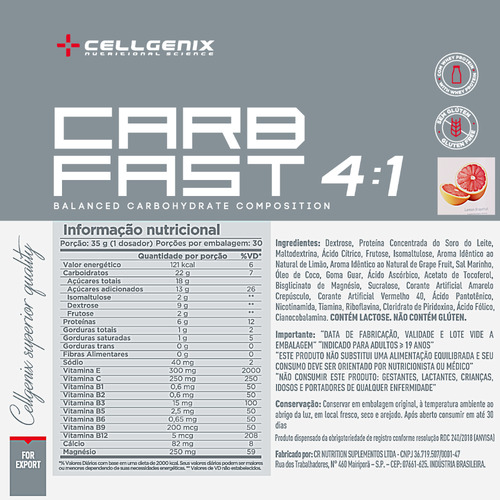Composto De Carboidratos Carbfast 4:1 1kg - Cellgenix