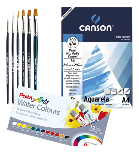 Kit Aquarela Pentel  12 Cor + Papel Canson + 6 Pincel Giotto