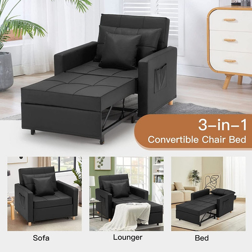 Sillón Cama 3 En 1; Ajustable Tamaño Individual, Negro