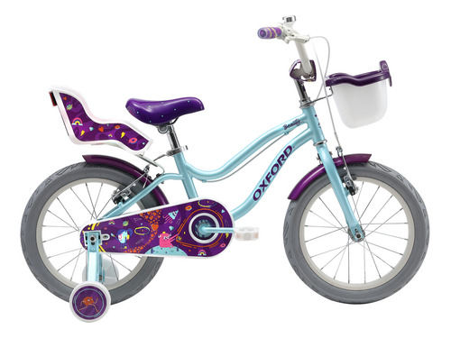 Bicicleta infantil infantil Oxford Multiverse Beauty R16 Único frenos v-brakes color celeste/violeta con ruedas de entrenamiento