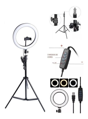 Imagem 2 de 9 de Ring Light Maquiagem Youtube 26cm 10 Polegadas + Tripé 2.10m