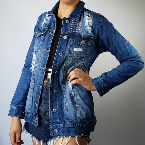 Jaqueta Jeans Maxi Rebites Destroyed Lady Rock Original