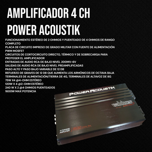 Amplificador 4 Ch 1600 Watts Max Power Acoustik Negro