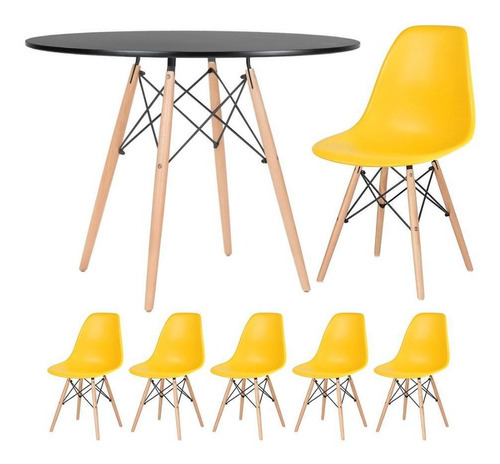 Mesa Jantar Eames Wood 100 Cm 5 Cadeiras Eiffel Coloridas Cor Da Tampa Mesa Preto Com Cadeiras Amarelo