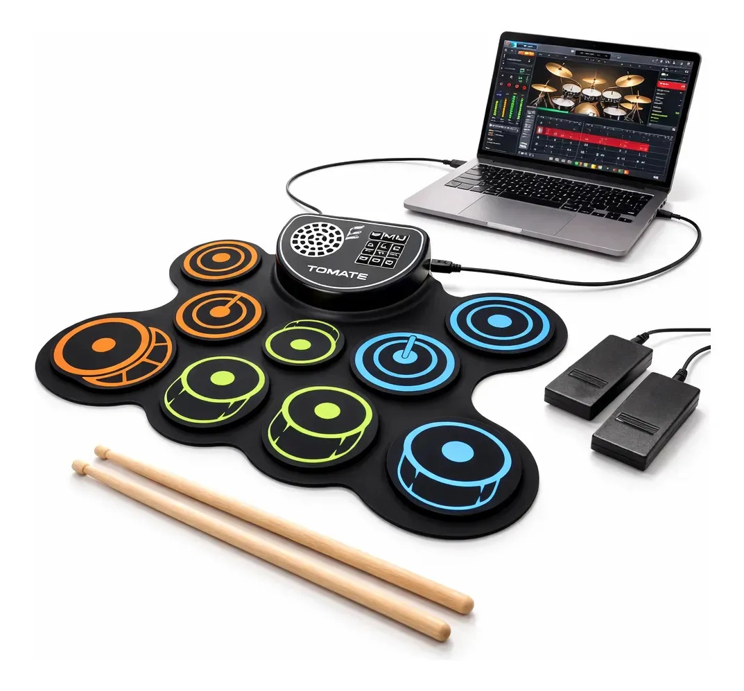 Bateria Eletronica MIDI Tomate USB 9 Pads Recarregavel Com Pedal Fone Para PC e Notebook MSY-9998