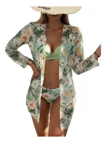 Falda De Playa Kimono Para Mujer + Conjunto Bikini Floreado