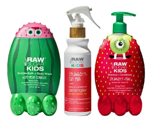 Pack 3 Raw Sugar Kids Shampoo+acondicionador fresa+kiwi 354ml + desenredante para cabello fresa + leche de avena 177ml + jabón corporal limonada de sandia 354 ml