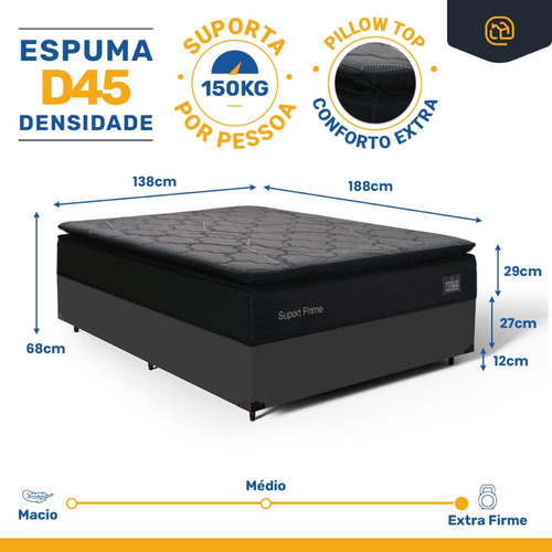 Box Casal + Colchão De Espuma D45 Pillow Top Suport Prime
