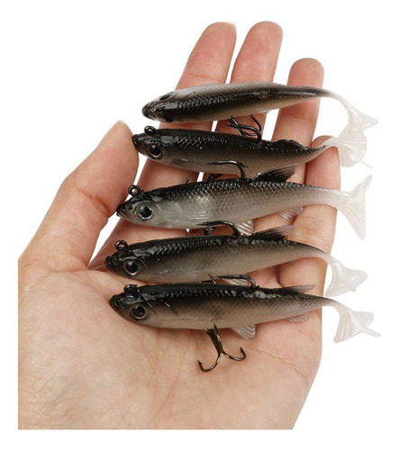 Kit 5 Iscas Artificiais Soft Fish Colorida Cor Cinza+preto
