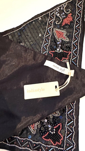 India Style Pañuelo Cuello Bandana Pañoleta Bordada Boho Negro Bordado Hindú Lentejuelas Canutillos Unico (Usado)