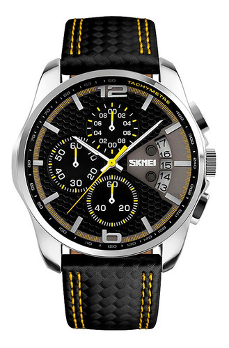 Reloj Hombre Skmei 9106 Cuero Ecologico Cronografo Elegante Color de la malla Amarillo Color del bisel Plateado Color del fondo Negro