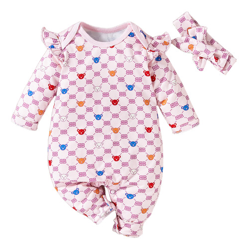 Mameluco Bonito Bebé 0-18m Con Estampado De Cuadro Y Diadema Rosa 3-6 M Floreado