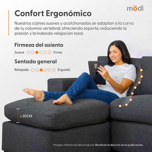 Sofá Sala Seccional Modular Plus De 4 Plazas + Pillow Pack | Gris Oscuro Liso