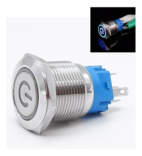 Botão Start Liga Desliga Inox 19mm Com Led Com Trava 12v 24v Cor Azul