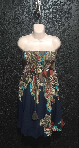 Vestido Strapless Azul Floreado. Marca Papaya. Talla M.