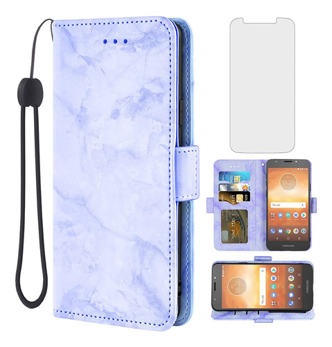 Funda Billetera Marmol Lila + Protector Para Moto E5 Play